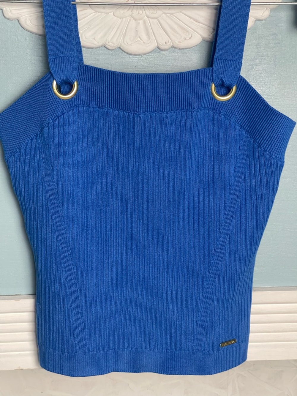 Nautica Ribbed Cropped Sweater Tank Top Wide Straps Gold Ring Details Royal Blue